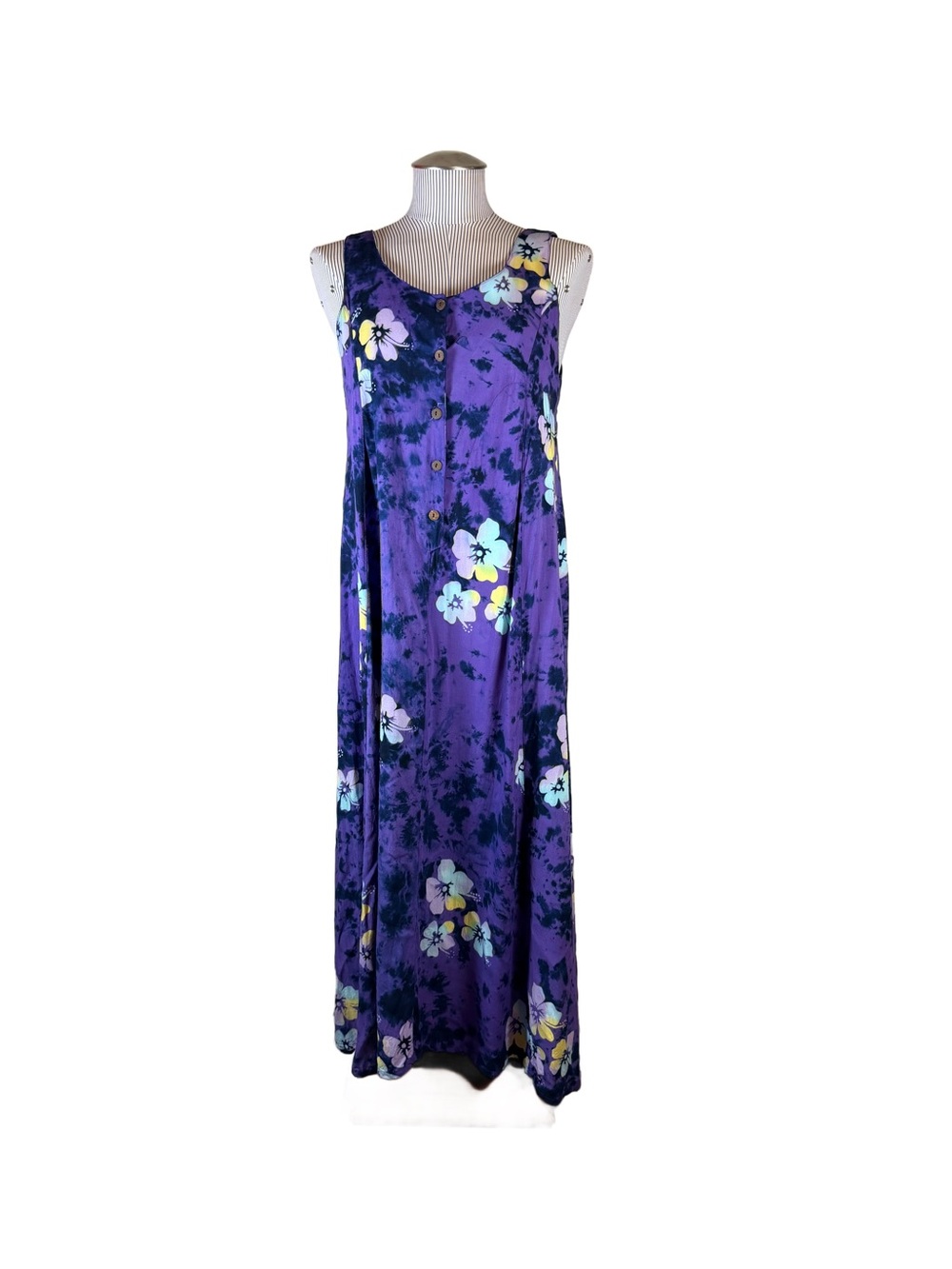 Vintage Hawaiian Dress L J&J Fashion 100% Rayon Maxi Wood Buttons Purple
